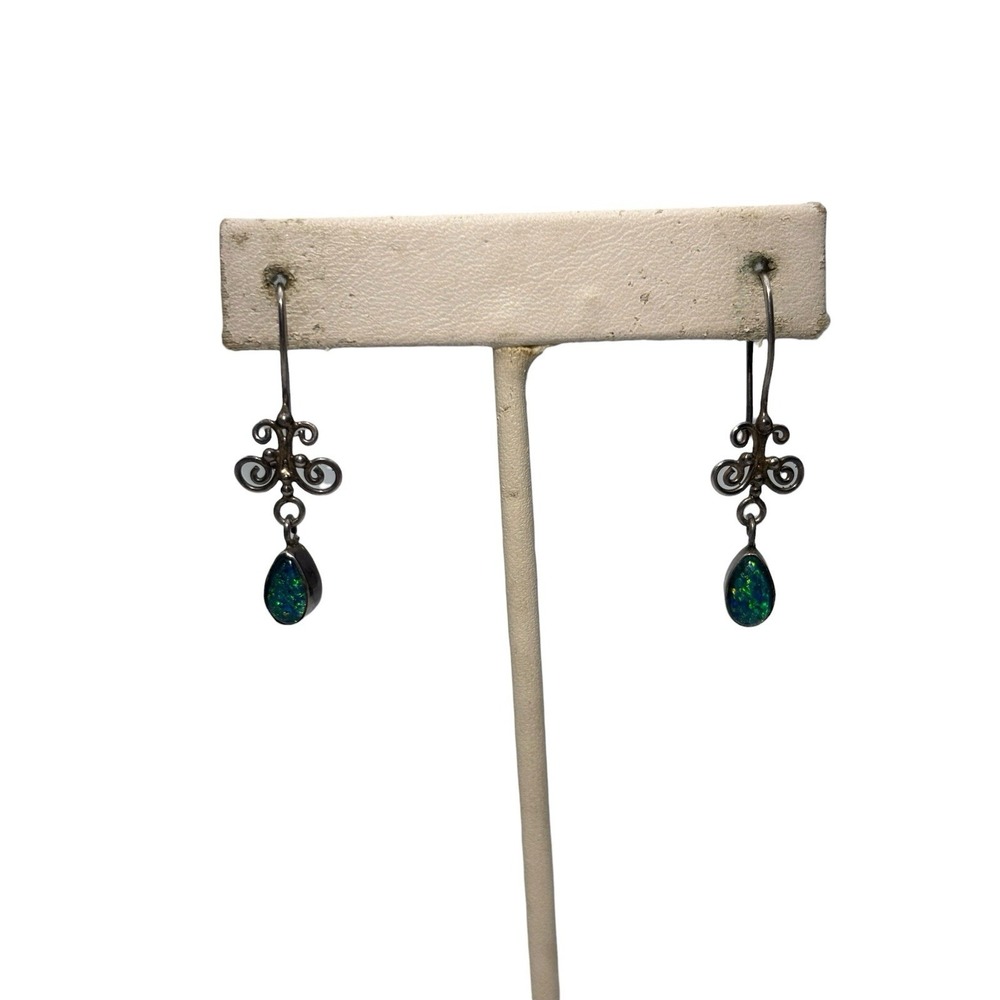 Vintage Sterling Silver 925 Green Faux Opal Filigree Pierced Dangle Earrings